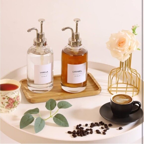NWT Glass Coffee Syrup Dispenser Bottles with 84 Labels (Set of 2)Coffee Pump - Picture 2 of 7